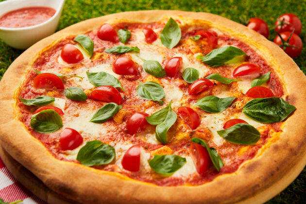 块传统的意大利披萨玛格丽塔配奶酪 西红柿和罗勒在绿草上餐厅水平玛格丽塔