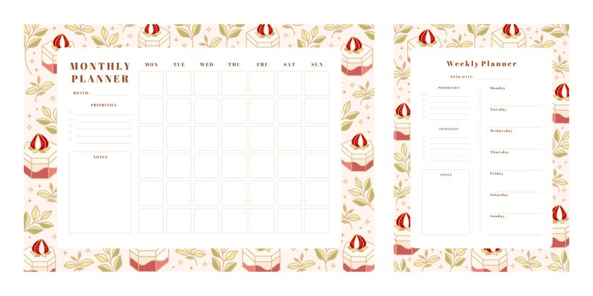 计划一套每周计划 每月计划 学校调度模板与手绘蛋糕 花卉 草莓元素计划每日待办事项列表