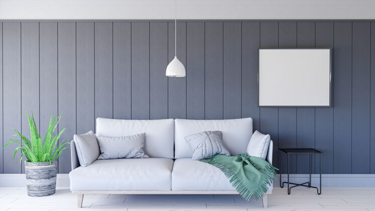优雅带沙发的最小客厅室内3d渲染枕头沙发斯堪的纳维亚