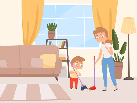 家务家务活孩子救命孩子们和父母一起洗客厅和爸爸妈妈一起打扫房子卡通人物父母家务地板