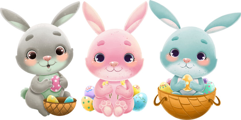 可爱可爱的多色复活节兔子插图集篮子隔离的在白色上恭喜复活节彩蛋节日