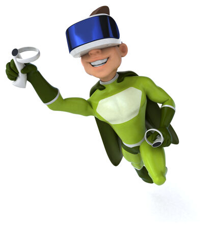 头盔一个超级英雄戴着vr头盔的有趣的3d插图体验游戏科技