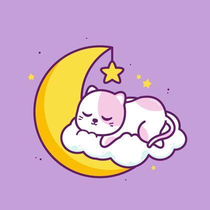 插图可爱的猫和月亮睡在云里卡通云夜晚