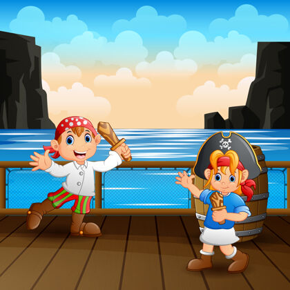 冒险快乐的海盗孩子在甲板上的插图风景卡通救生圈