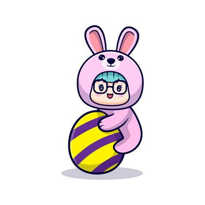 服装可爱的女孩穿着兔子服装举行复活节彩蛋装饰孩子玩吉祥物