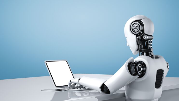 应用程序机器人人形使用笔记本电脑 坐在未来的办公室桌子上机器手发明