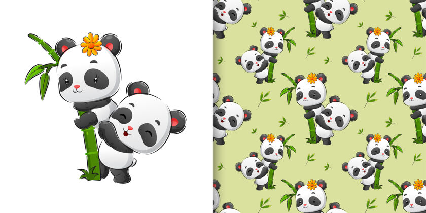 熊猫无缝手绘可爱的熊猫玩在竹林插图艺术品水彩可爱