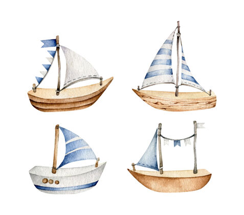 帆船水彩船上设置白色隔离收藏运输航海