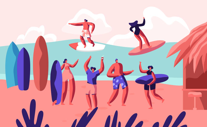 海洋年轻的冲浪者在冲浪板上冲浪 在沙滩上放松平房.卡通平面插图女人运动卡通