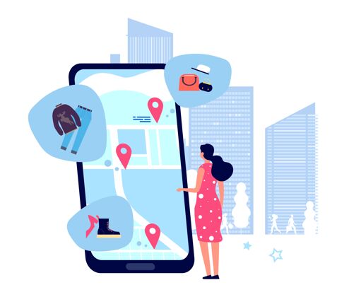 应用程序购物指南女应用程序在街上找商店地图插图移动应用定位gps在线购物购买电话商店
