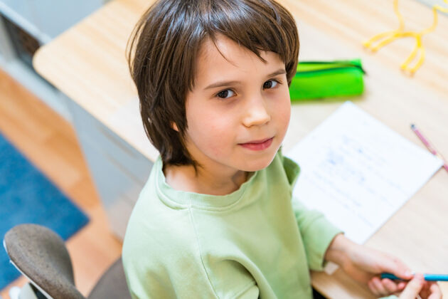 小学生小男孩坐在桌子旁做作业家集中儿童写作练习很高兴在家上学概念孩子注意力学生