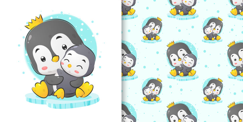 设计企鹅女王抱着宝宝的水彩插画喙微笑艺术品