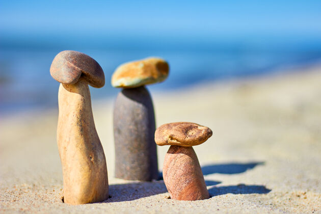 冥想在沙地上有三个蘑菇海滩天平一堆石头户外脆弱无人