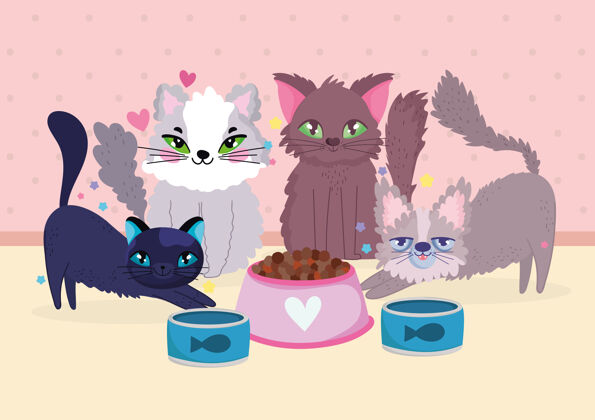 宠物有趣的猫与罐头鱼和食物碗动物矢量插图可爱卡通哺乳动物