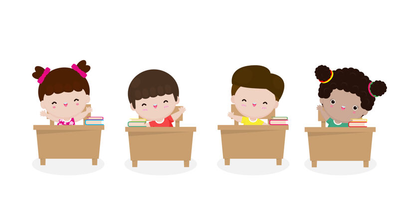 男孩回到学校小学生坐在书桌旁班级女孩桌子