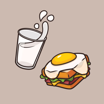 概念卡瓦伊可爱的早餐牛奶和鸡蛋三明治图标吉祥物插图早晨餐套餐