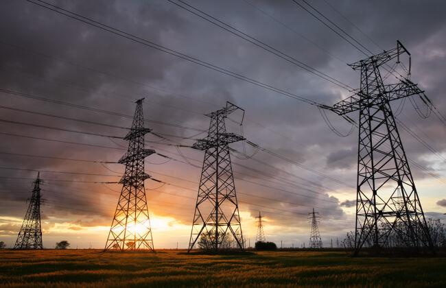 发电夕阳下的高压铁塔剪影时间高-电压功率线路.电力配送站云张力供电