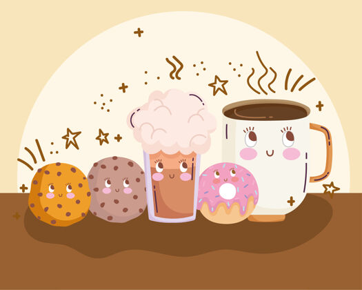 咖啡食物可爱的咖啡杯甜甜圈饼干和冰沙卡通矢量插图营养美味冰沙