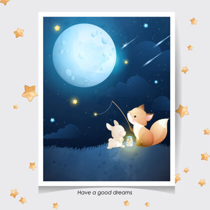 素描可爱的涂鸦狐狸和小兔子与水彩画插图卡通月亮手绘