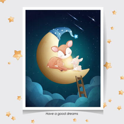 晚安可爱的涂鸦鹿和小兔子与水彩画插图月亮卡通绘画