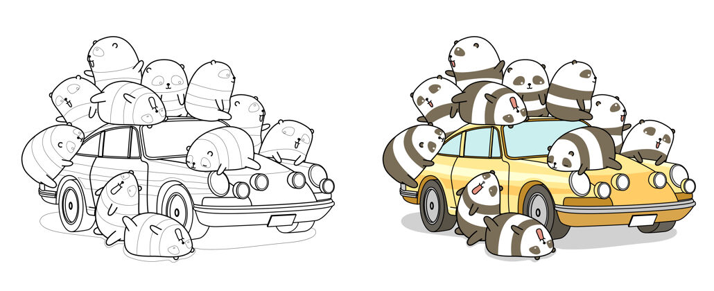 可爱熊猫汽车卡通彩页动物幼稚卡通