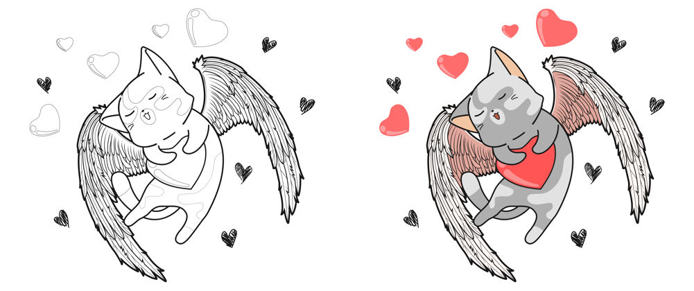 可爱丘比特猫是拥抱在情人节卡通彩页的孩子们的心平面爱插图