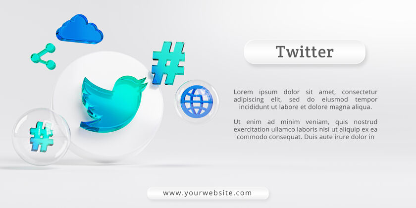 标志Twitter亚克力玻璃标志和社交媒体图标3d渲染Twitter气泡