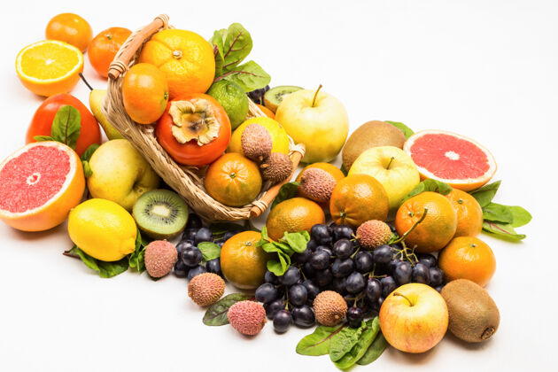 叶子一套五颜六色的异国水果 配上焦糖叶柑橘饮食分类