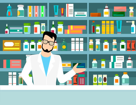 疾病药剂师在药房柜台对面的架子上画着平面插图药品.健康关心概念背景药物药丸医生