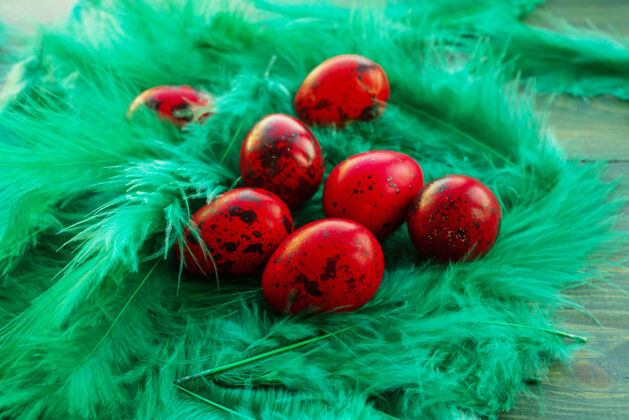 木头红色复活节鹌鹑的微距照片彩蛋绿色木头上的红色鹌鹑蛋背景.传统!木头 绿色 红色 彩色 羽毛 复活节 装饰 鸡蛋 符号 传统 油漆