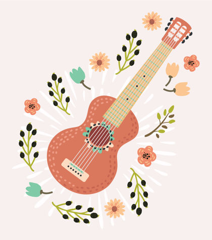波西米亚红色墨西哥吉他的卡通插画与鲜花装饰声学墨西哥细节