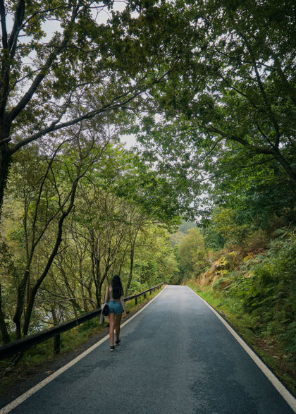 旅游一个年轻的女人走在一条被森林包围的路上夏季加利西亚在萨默特圣地亚哥我们的路步行户外背部