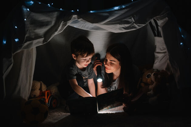 年轻幸福家庭母子俩在帐篷里用手电筒看书主页.家庭概念女儿父亲学习