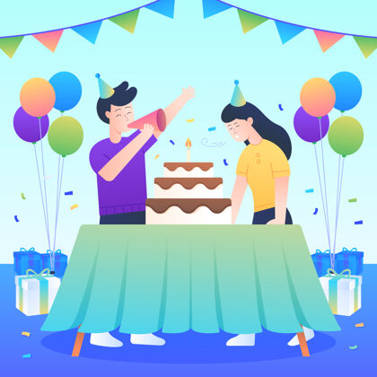 朋友人们用蛋糕和气球庆祝生日甜点爱情聚会