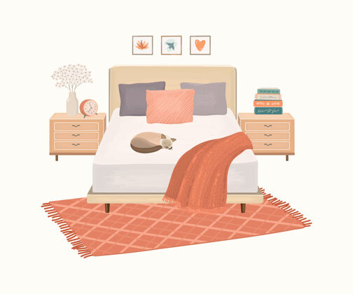 室内现代化的卧室内部有床和地毯舒适现代床