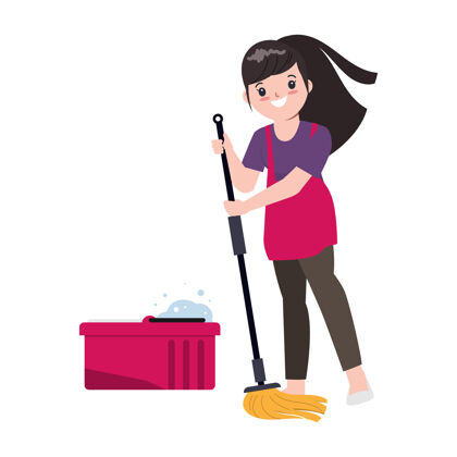 清洁家庭主妇正在用拖把擦地板角色女士女人