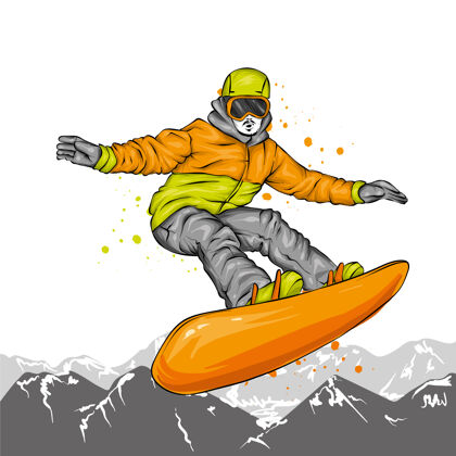 配件穿着时髦衣服的滑雪运动员板家伙跳跃