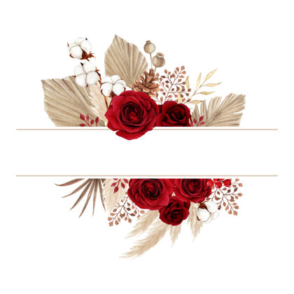 玫瑰美丽的波西米亚红玫瑰和干叶框架装饰波西米亚花卉