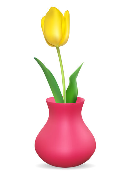 花卉带有郁金香花的逼真3d花瓶春天花束花瓶