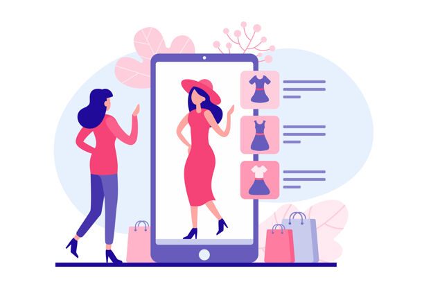 服务在web应用程序中试穿衣服的女人插图.女性角色从网上商店中选择红色的衣服和帽子 然后虚拟地穿衣服他们虚拟的试衣间支付商店女性