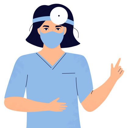 医学戴着防护面罩和头部反光镜的医生咨询沟通医生