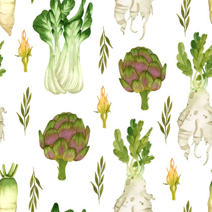 食品蔬菜水彩无缝图案洋蓟生菜白色背景生菜织物健康