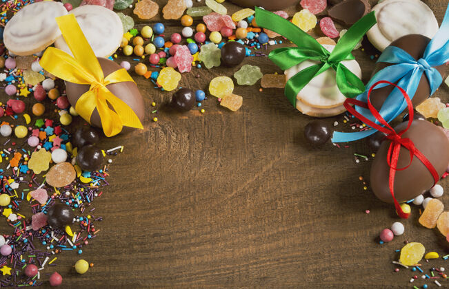 顶视图木制背景上的糖果 饼干 巧克力蛋 棒棒糖的顶视图食物棒棒糖复制空间区域