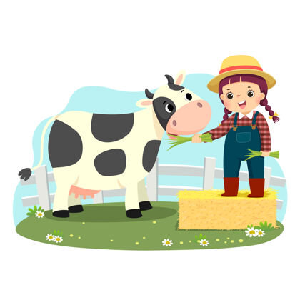 孩子小女孩在一捆干草上用青草喂牛的卡通画草农场宠物