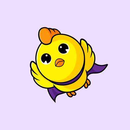 卡通可爱的小鸡在紫色的天空中飞翔苍蝇活跃超级英雄
