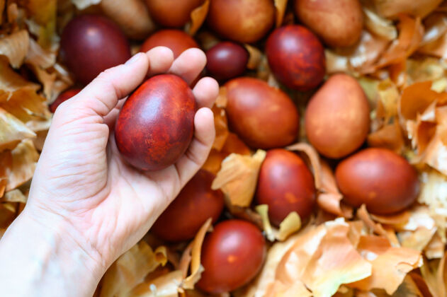 环保女人的手拿着复活节彩蛋洋葱皮春天自然手工