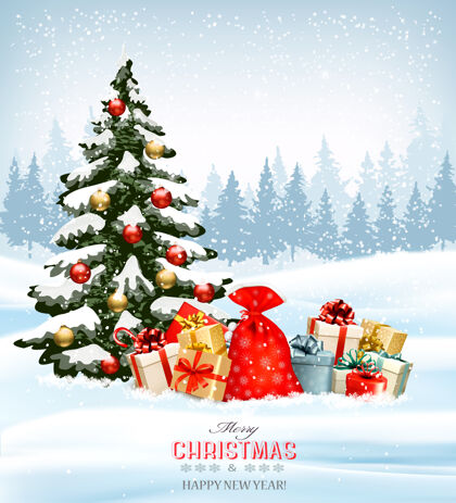 自然圣诞背景是一个装满礼品盒和圣诞树的袋子标志雪模板