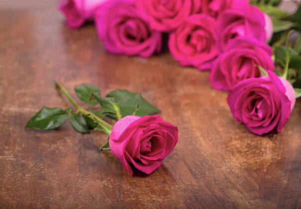 花园木桌上孤零零的粉红玫瑰茎玫瑰季节