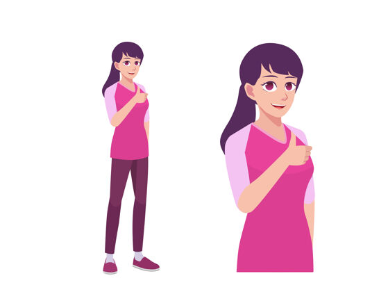 学生女人或女孩喜欢并同意竖起大拇指表情姿势卡通插画成年人同意情绪