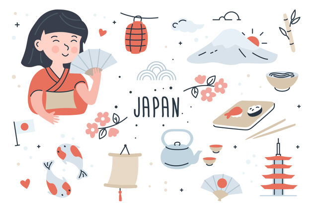 插图日本涂鸦元素集美女食物卡通手绘